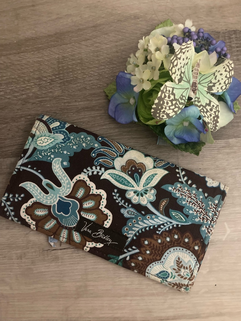 🌸 Vera Bradley Java Blue Checkbook Cover Brown Teal Paisley Fabric Wallet